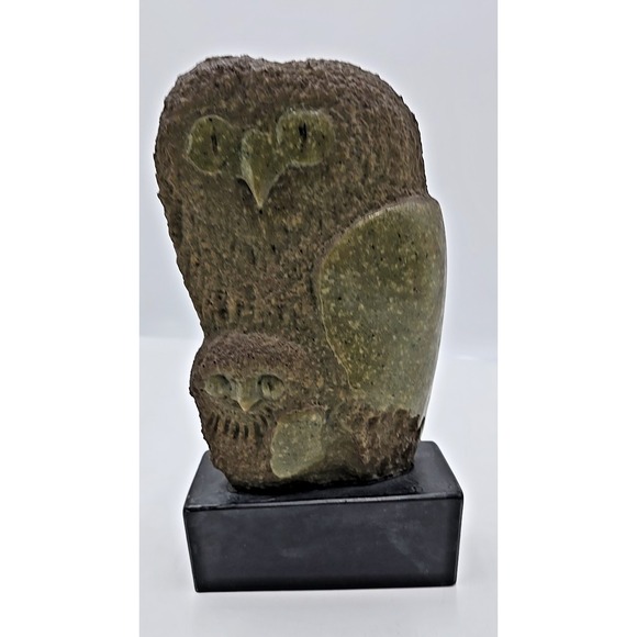 Frank‎ Eliscu signed Olive Green Owl Sculpture and base "Owl Mother And Chick" - Picture 2 of 12